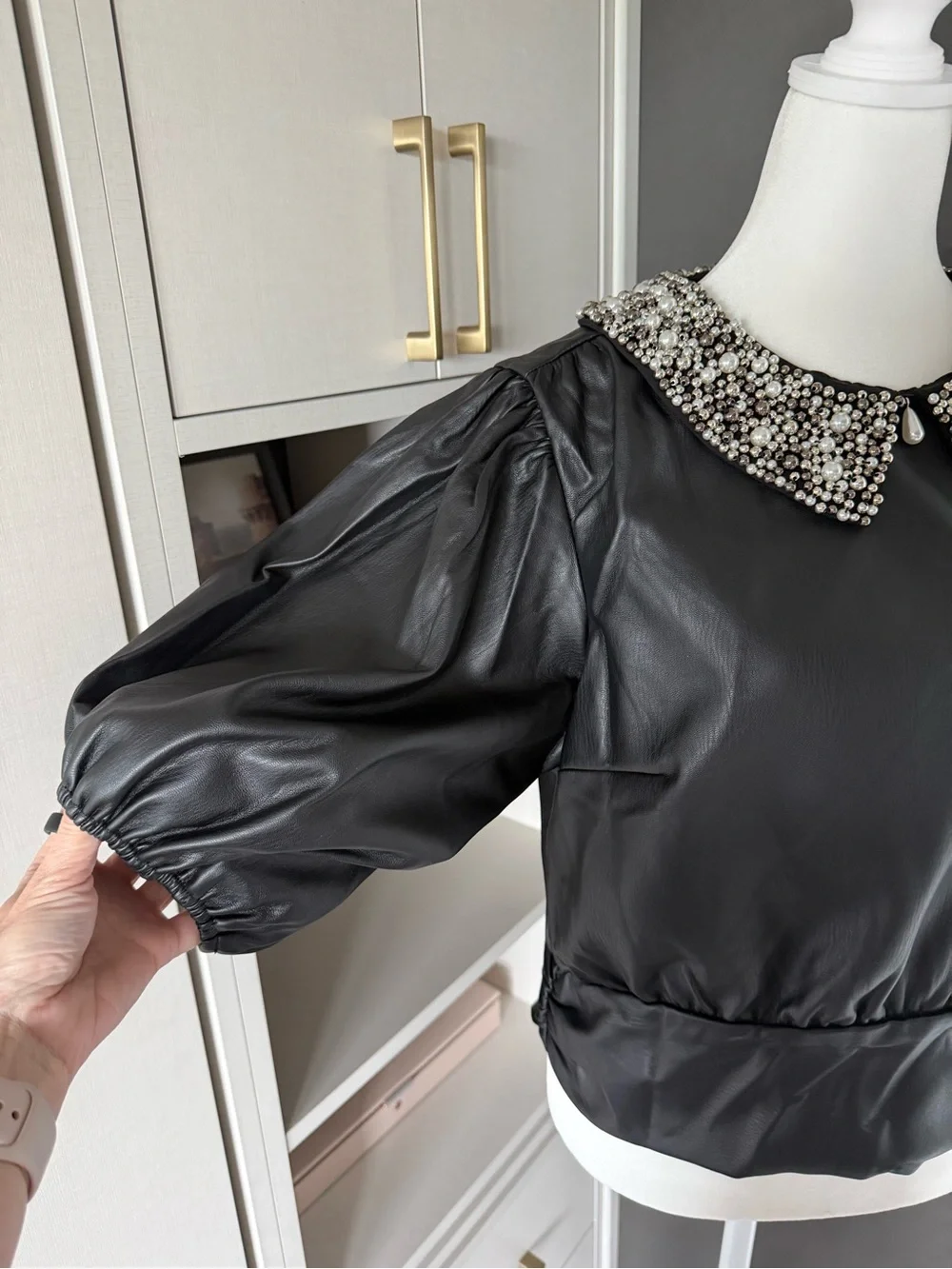 Anthropologie Black Faux-Leather Blouse with Beaded Pearl Collar